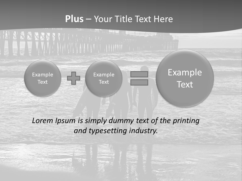 Three Surfers Standing On The Beach With A Pier In The Background PowerPoint Template
