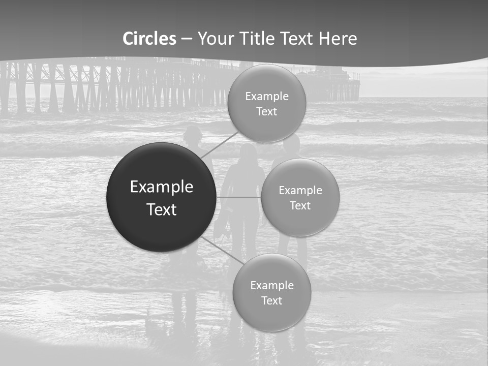 Three Surfers Standing On The Beach With A Pier In The Background PowerPoint Template