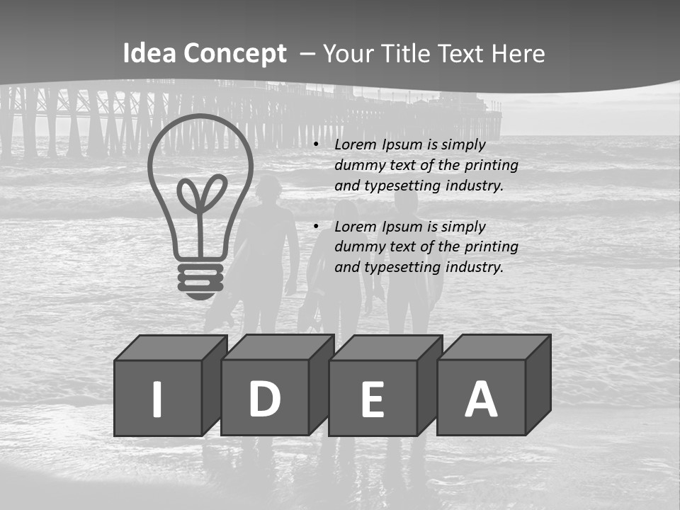 Three Surfers Standing On The Beach With A Pier In The Background PowerPoint Template