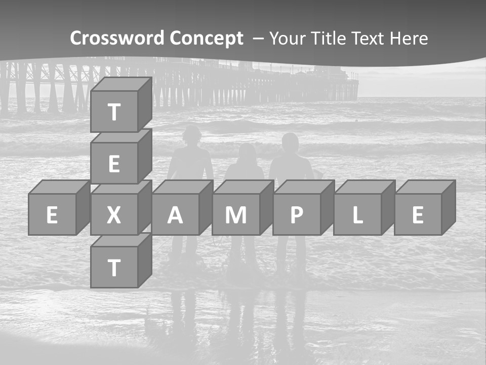 Three Surfers Standing On The Beach With A Pier In The Background PowerPoint Template