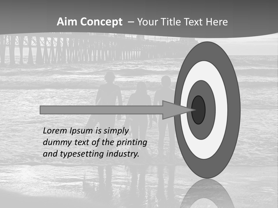 Three Surfers Standing On The Beach With A Pier In The Background PowerPoint Template