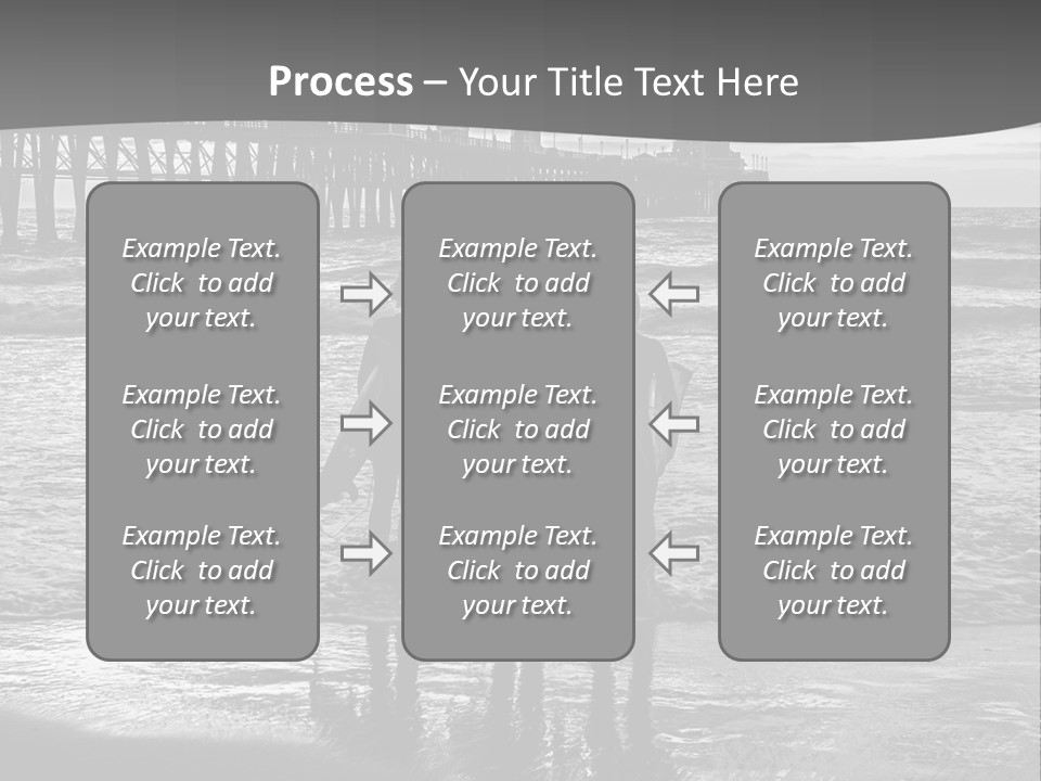 Three Surfers Standing On The Beach With A Pier In The Background PowerPoint Template