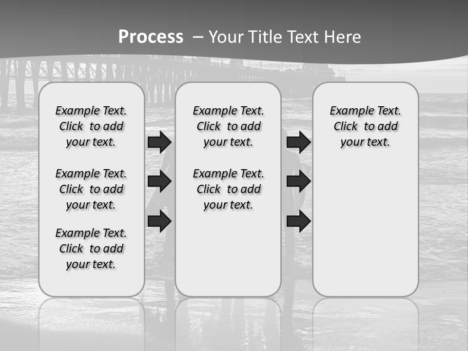 Three Surfers Standing On The Beach With A Pier In The Background PowerPoint Template