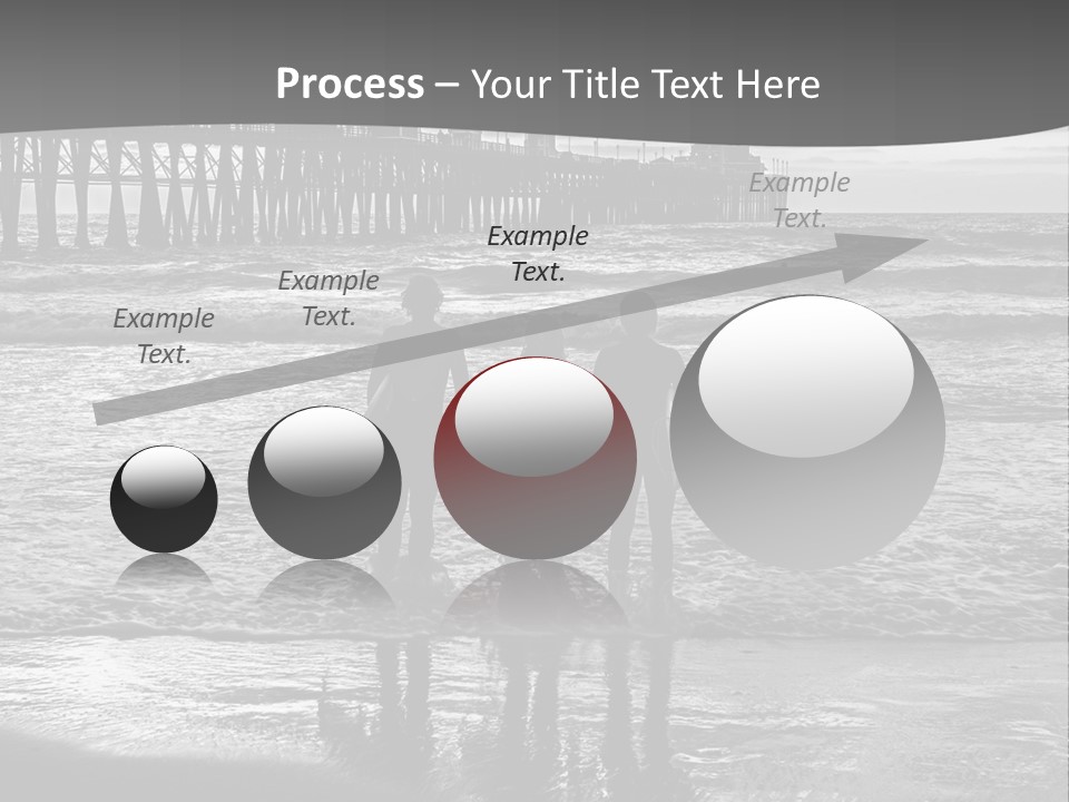 Three Surfers Standing On The Beach With A Pier In The Background PowerPoint Template