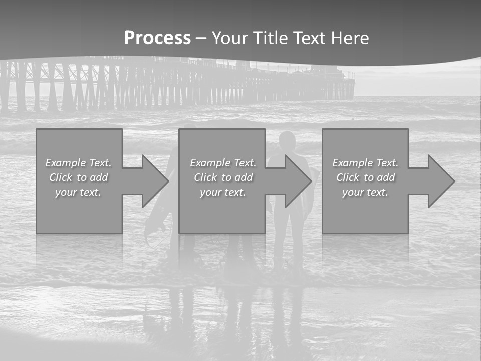 Three Surfers Standing On The Beach With A Pier In The Background PowerPoint Template