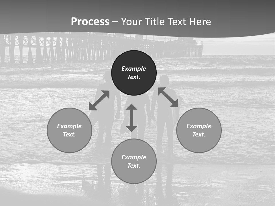 Three Surfers Standing On The Beach With A Pier In The Background PowerPoint Template