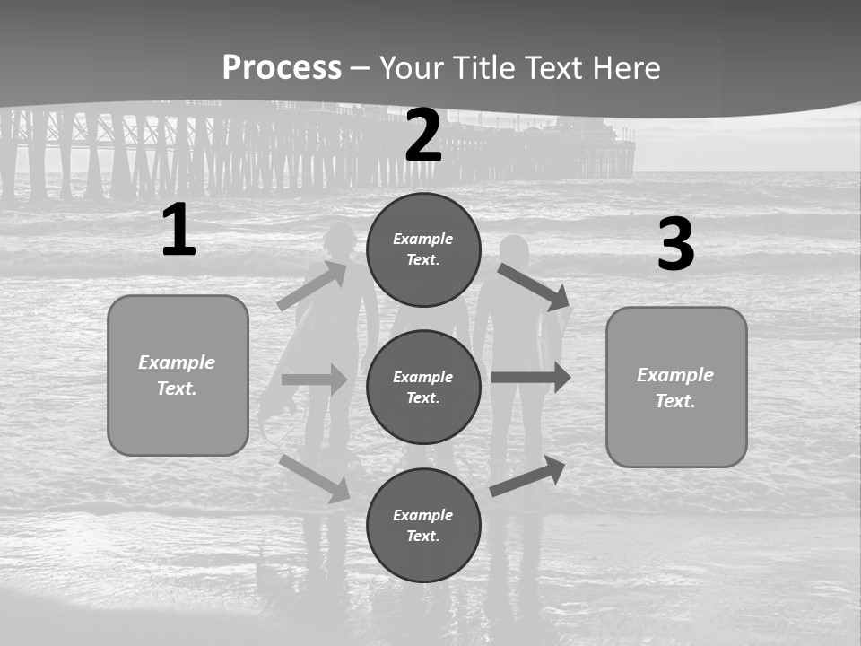 Three Surfers Standing On The Beach With A Pier In The Background PowerPoint Template