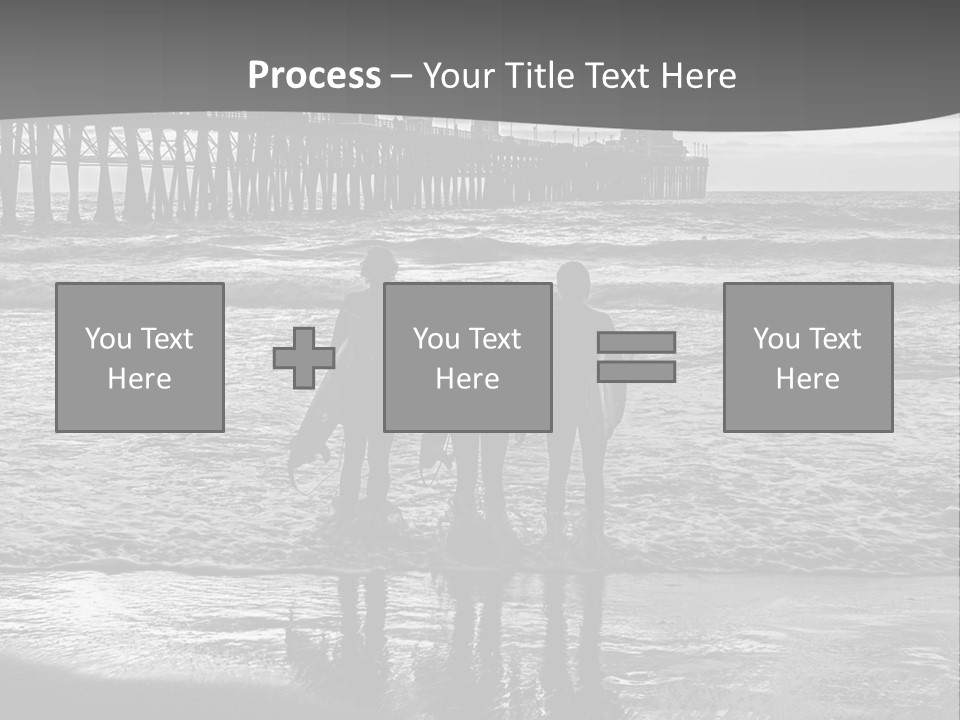 Three Surfers Standing On The Beach With A Pier In The Background PowerPoint Template