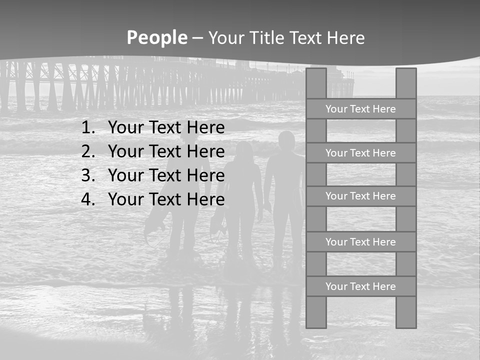 Three Surfers Standing On The Beach With A Pier In The Background PowerPoint Template