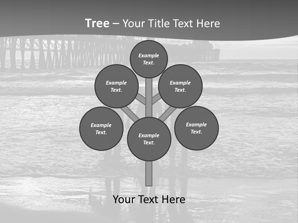 Three Surfers Standing On The Beach With A Pier In The Background PowerPoint Template