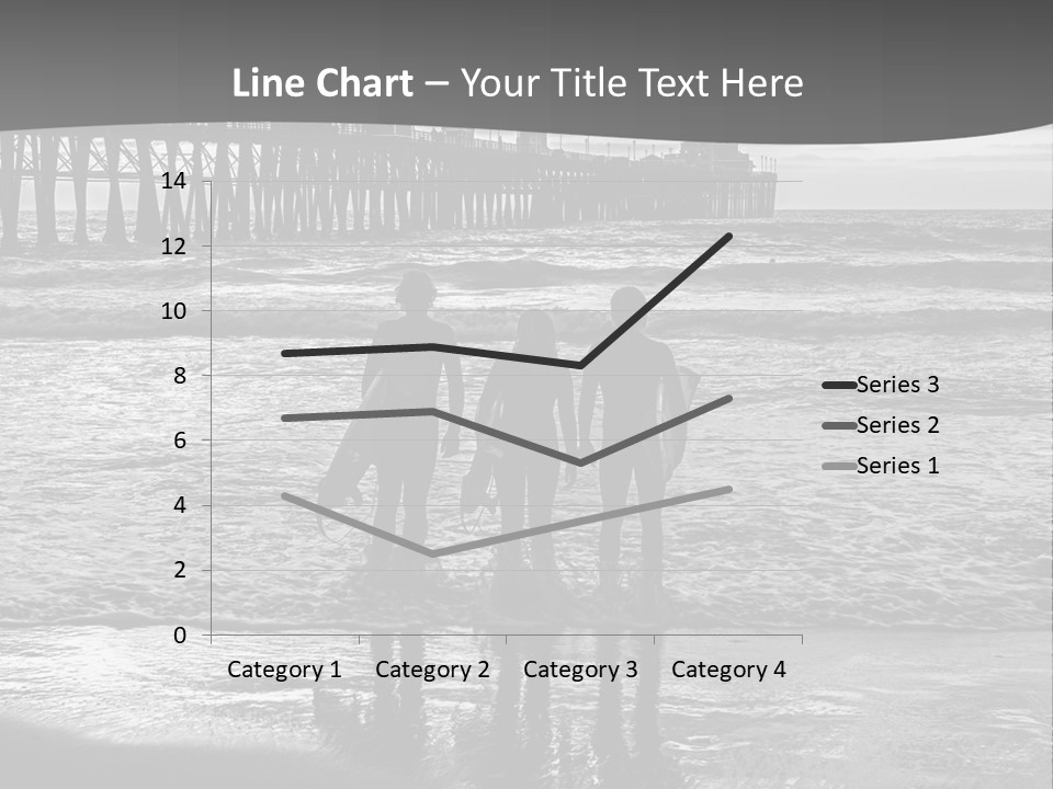 Three Surfers Standing On The Beach With A Pier In The Background PowerPoint Template