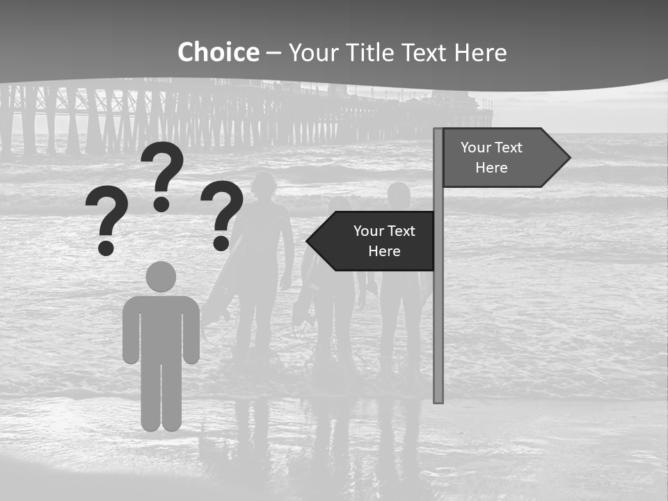 Three Surfers Standing On The Beach With A Pier In The Background PowerPoint Template