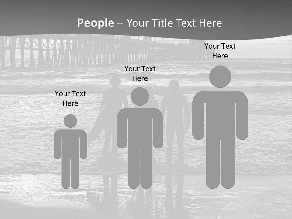 Three Surfers Standing On The Beach With A Pier In The Background PowerPoint Template