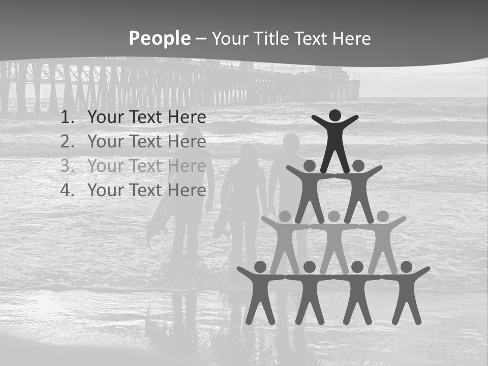 Three Surfers Standing On The Beach With A Pier In The Background PowerPoint Template