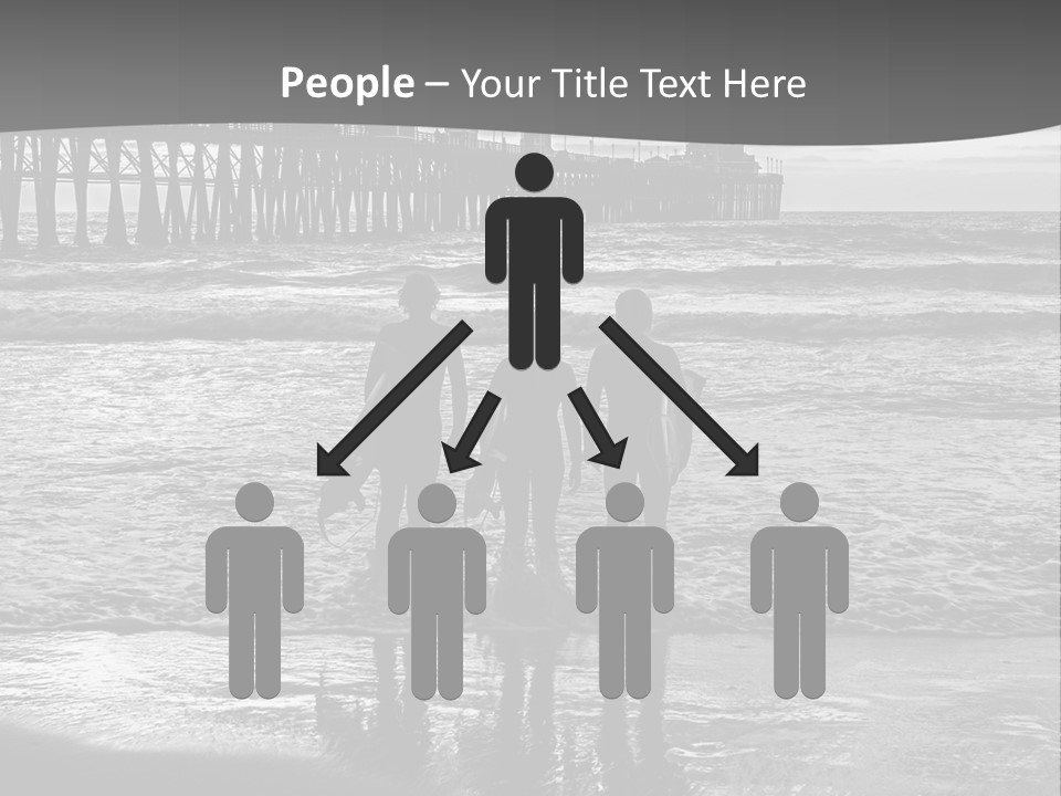 Three Surfers Standing On The Beach With A Pier In The Background PowerPoint Template