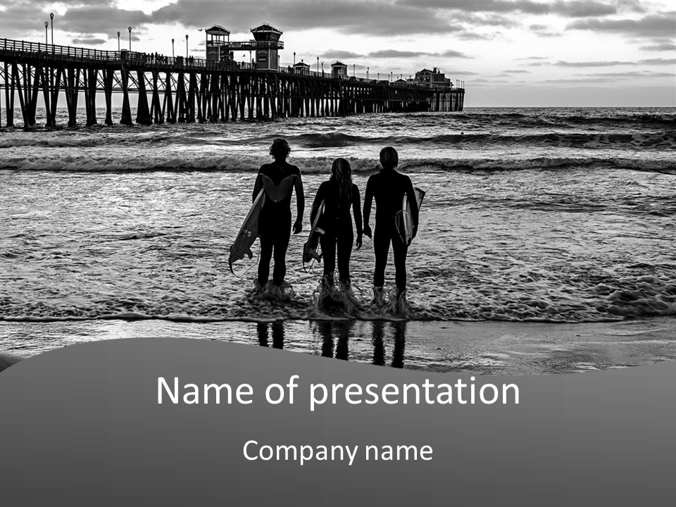 Three Surfers Are Standing On The Beach With Their Surfboards PowerPoint Template