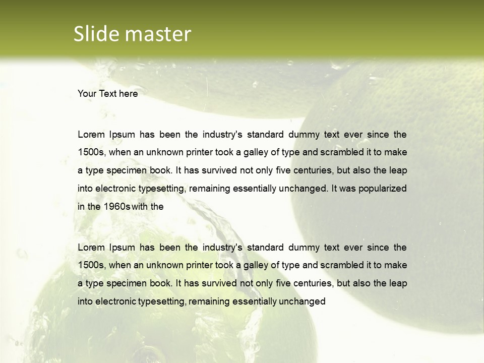 A Green Apple And Two Limes Are In The Water PowerPoint Template