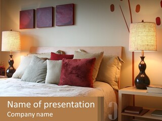 A Bed With Pillows And Lamps In A Bedroom PowerPoint Template