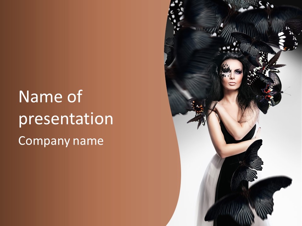 A Woman In A Black Dress With Butterflies On Her Head PowerPoint Template