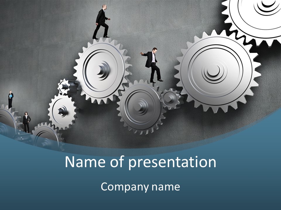A Group Of People Standing On Top Of Gears PowerPoint Template