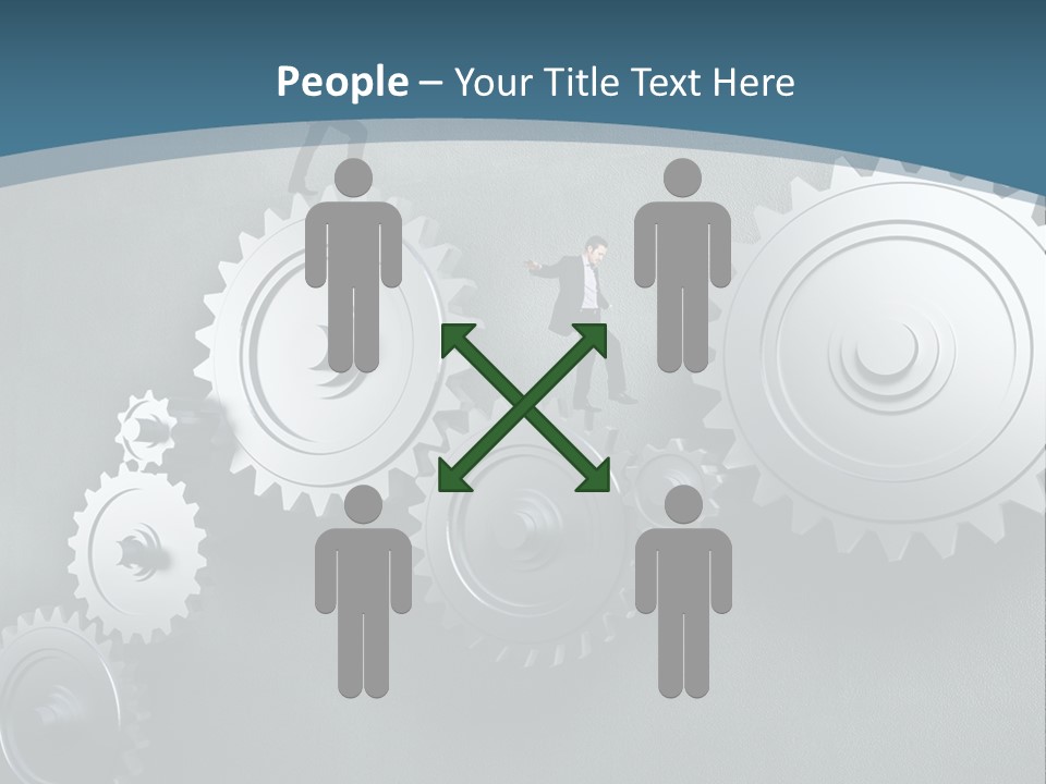A Group Of People Standing On Top Of Gears PowerPoint Template