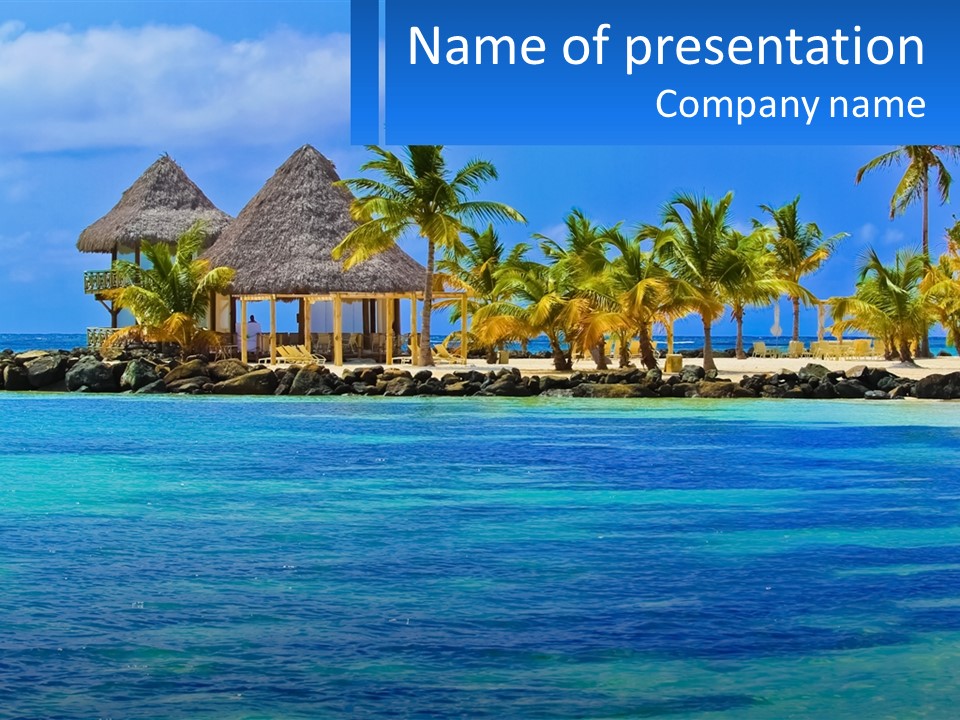 A Tropical Beach With Palm Trees And Huts PowerPoint Template