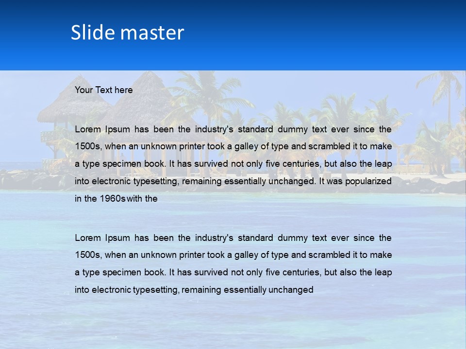 A Tropical Beach With Palm Trees And Huts PowerPoint Template