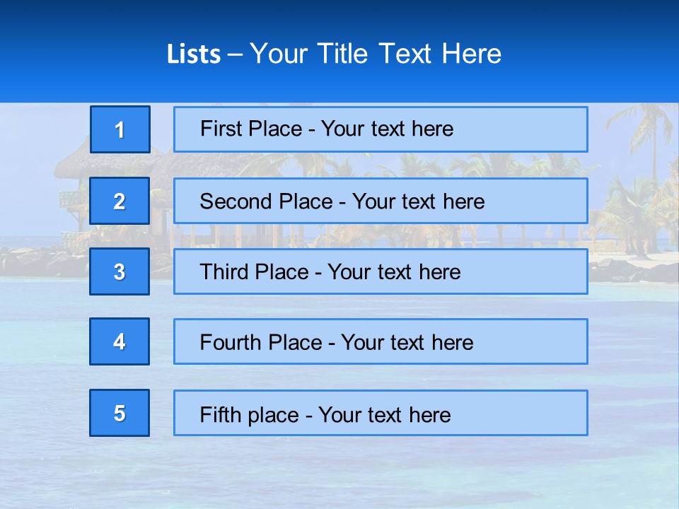 A Tropical Beach With Palm Trees And Huts PowerPoint Template