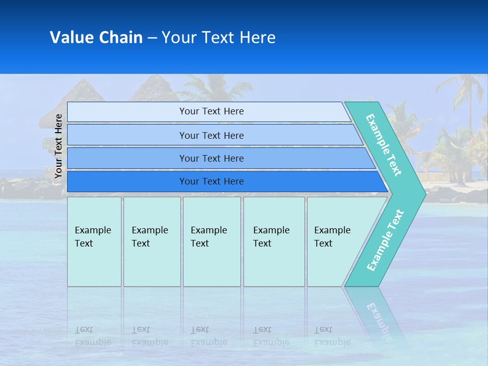 A Tropical Beach With Palm Trees And Huts PowerPoint Template