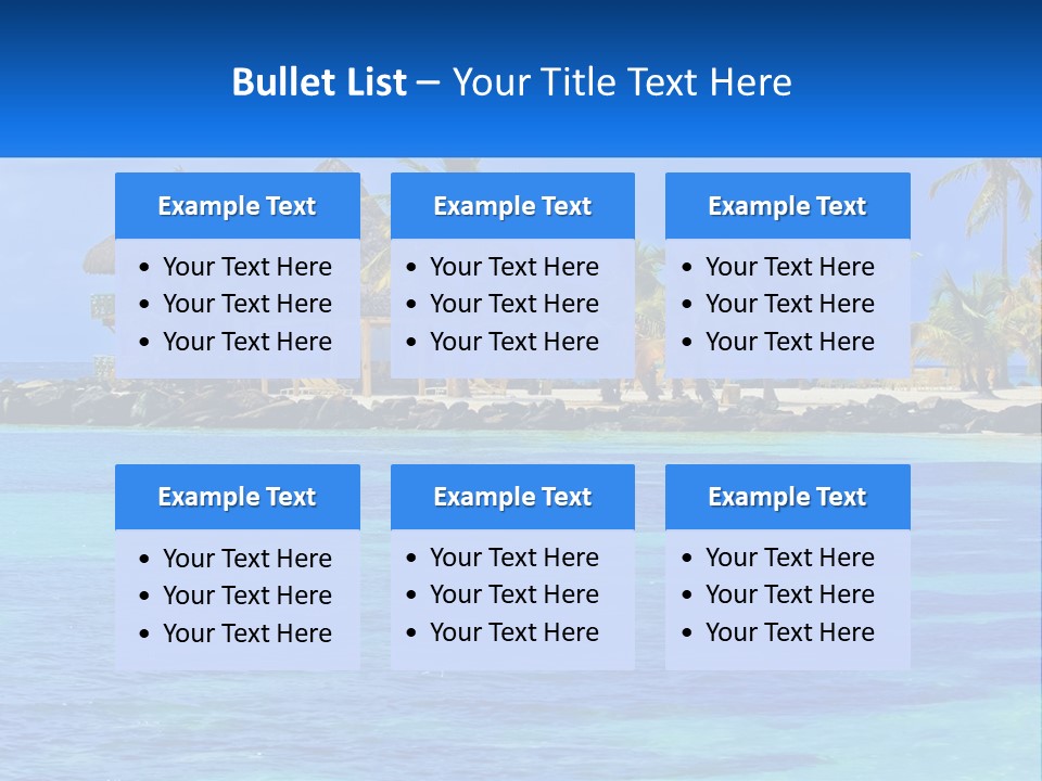 A Tropical Beach With Palm Trees And Huts PowerPoint Template