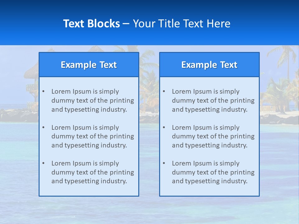 A Tropical Beach With Palm Trees And Huts PowerPoint Template