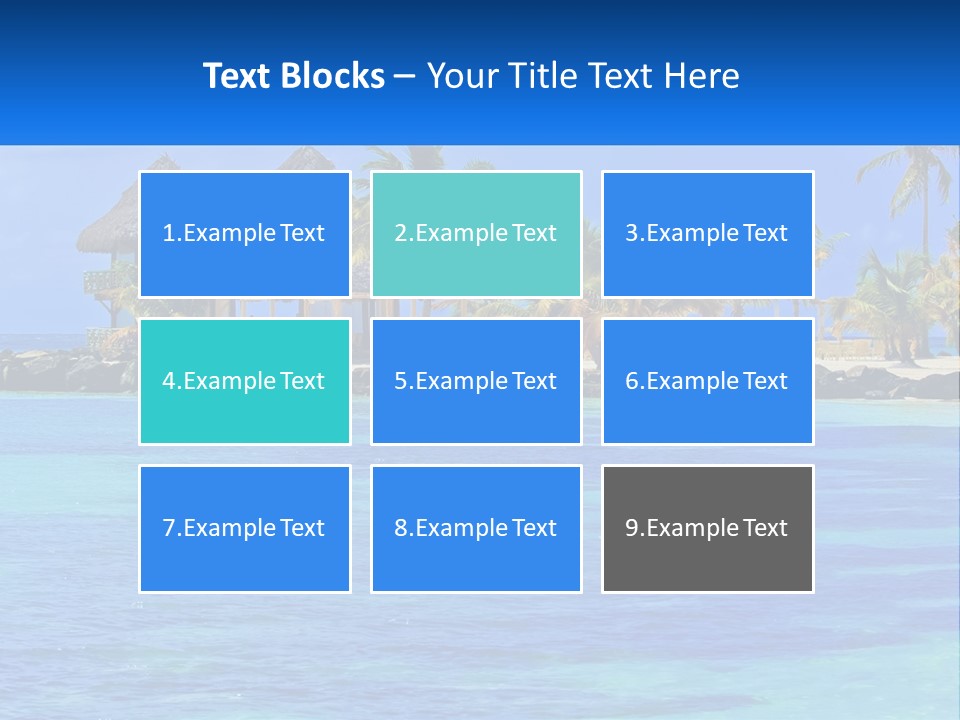 A Tropical Beach With Palm Trees And Huts PowerPoint Template