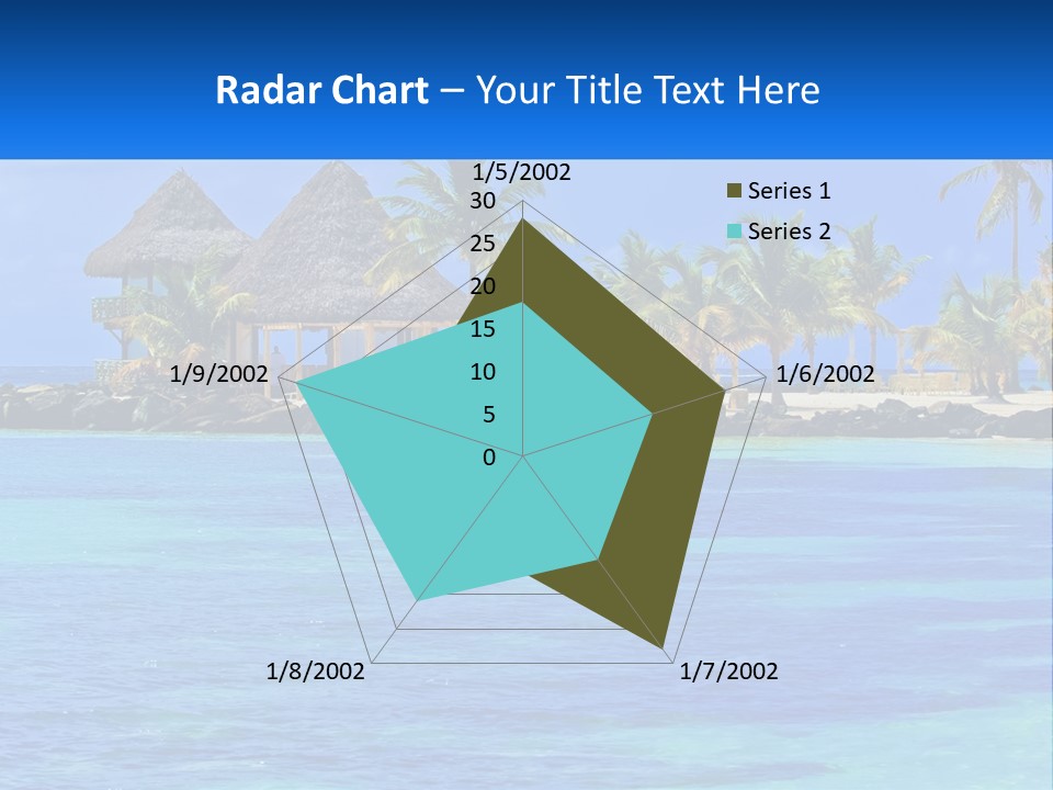 A Tropical Beach With Palm Trees And Huts PowerPoint Template