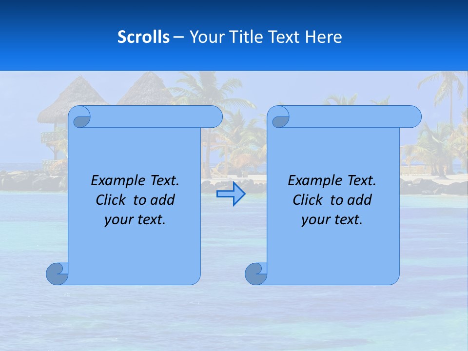 A Tropical Beach With Palm Trees And Huts PowerPoint Template
