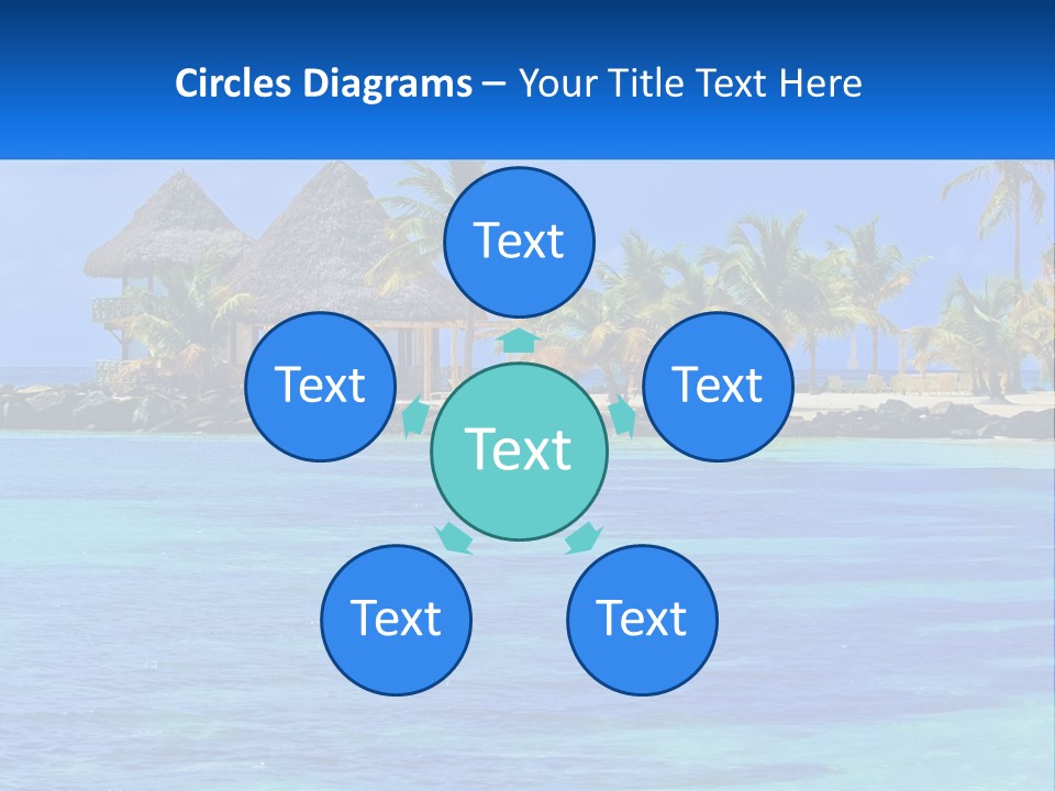 A Tropical Beach With Palm Trees And Huts PowerPoint Template