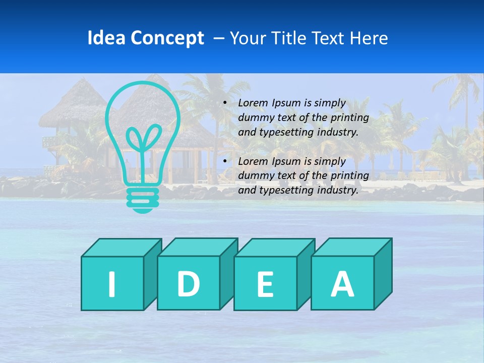 A Tropical Beach With Palm Trees And Huts PowerPoint Template