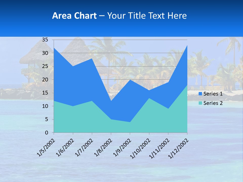 A Tropical Beach With Palm Trees And Huts PowerPoint Template