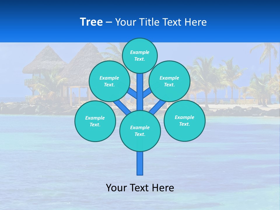 A Tropical Beach With Palm Trees And Huts PowerPoint Template