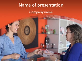 A Woman Handing Something To A Woman In A Blue Shirt PowerPoint Template