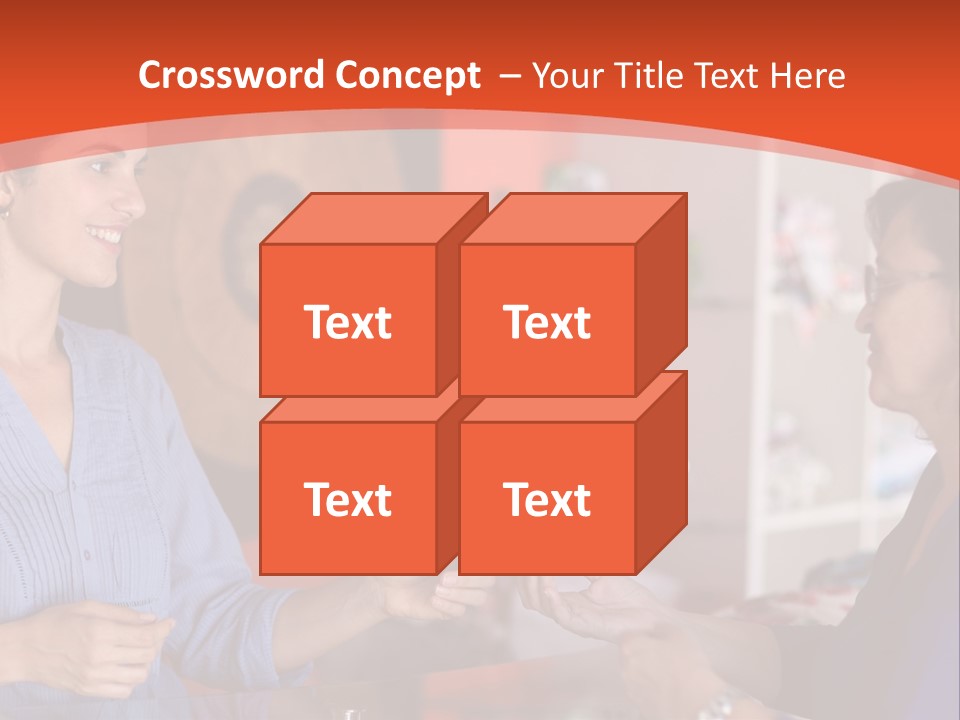 A Woman Handing Something To A Woman In A Blue Shirt PowerPoint Template