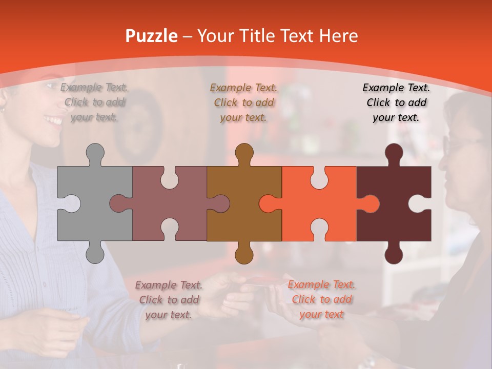 A Woman Handing Something To A Woman In A Blue Shirt PowerPoint Template