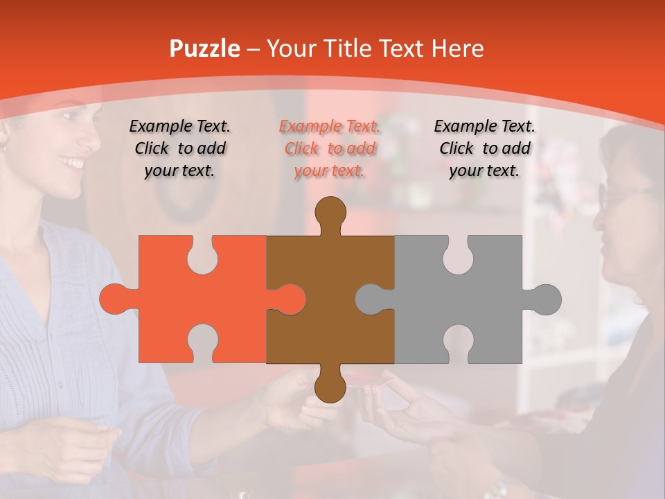 A Woman Handing Something To A Woman In A Blue Shirt PowerPoint Template