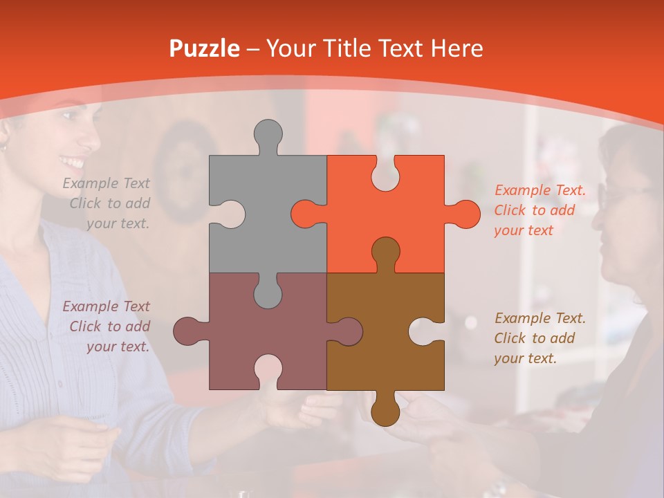 A Woman Handing Something To A Woman In A Blue Shirt PowerPoint Template