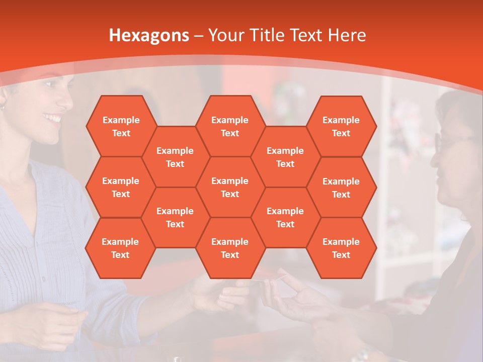 A Woman Handing Something To A Woman In A Blue Shirt PowerPoint Template