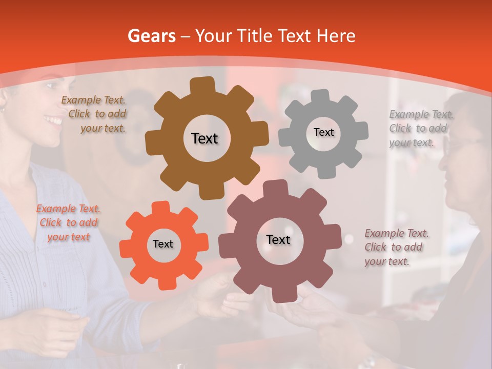 A Woman Handing Something To A Woman In A Blue Shirt PowerPoint Template