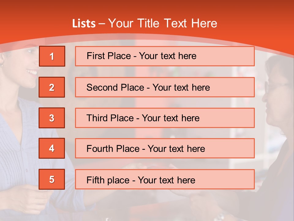 A Woman Handing Something To A Woman In A Blue Shirt PowerPoint Template