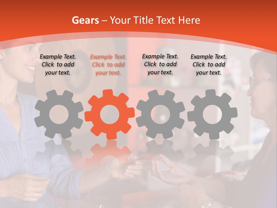 A Woman Handing Something To A Woman In A Blue Shirt PowerPoint Template