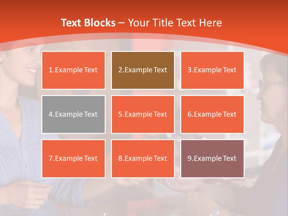 A Woman Handing Something To A Woman In A Blue Shirt PowerPoint Template