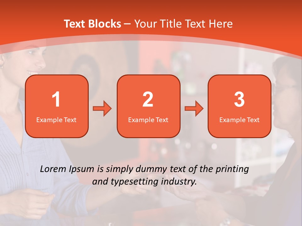 A Woman Handing Something To A Woman In A Blue Shirt PowerPoint Template