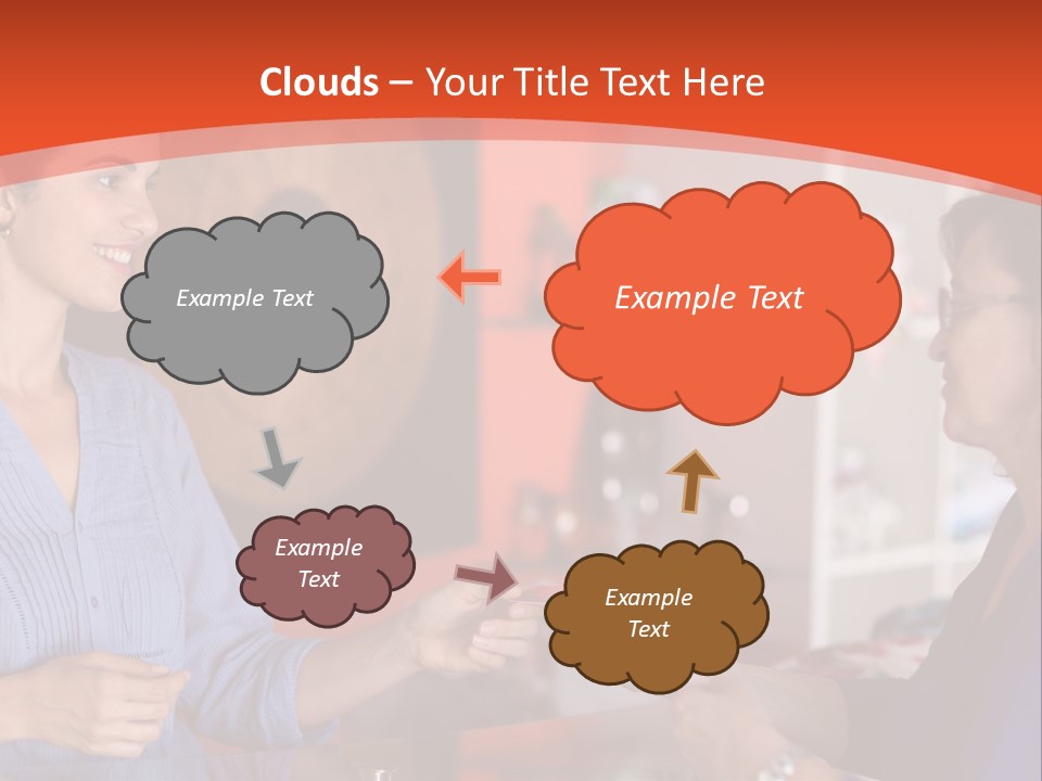 A Woman Handing Something To A Woman In A Blue Shirt PowerPoint Template